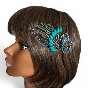 Antique Brass Finish Teal Blue Peacock Rhinestone Sparkle Hinged Hair Clip